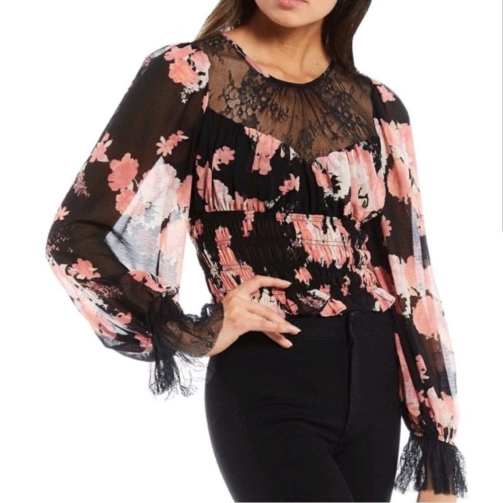 Free people whimsigoth black floral lace keyhole sheer top nwt large witchy